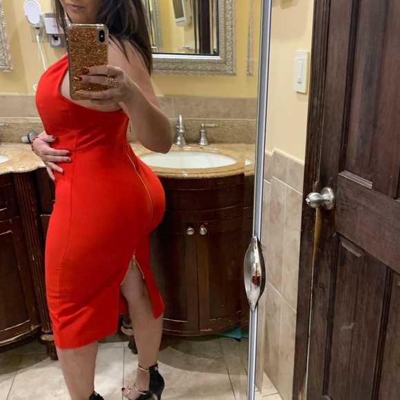 Red one shoulder dress with gold zipper detail in back - Picture 3 of 3